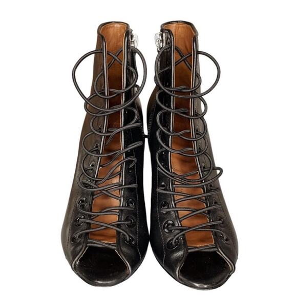 Givenchy Black Leather Lace Up Peep Toe Bondage Wedge Booties - 37.5 - Picture 5 of 10